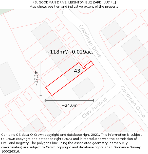 43, GOODMAN DRIVE, LEIGHTON BUZZARD, LU7 4UJ: Plot and title map