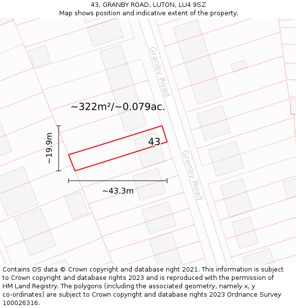 43, GRANBY ROAD, LUTON, LU4 9SZ: Plot and title map