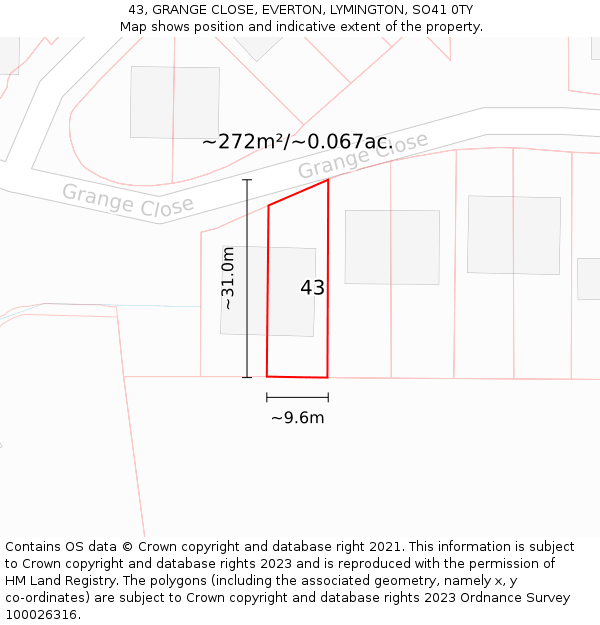 43, GRANGE CLOSE, EVERTON, LYMINGTON, SO41 0TY: Plot and title map