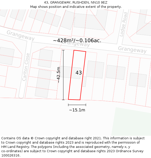 43, GRANGEWAY, RUSHDEN, NN10 9EZ: Plot and title map