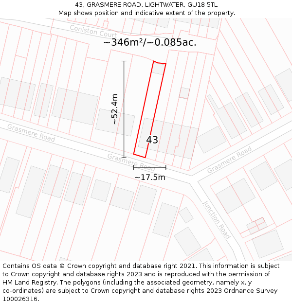 43, GRASMERE ROAD, LIGHTWATER, GU18 5TL: Plot and title map