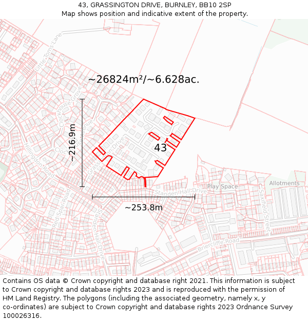 43, GRASSINGTON DRIVE, BURNLEY, BB10 2SP: Plot and title map