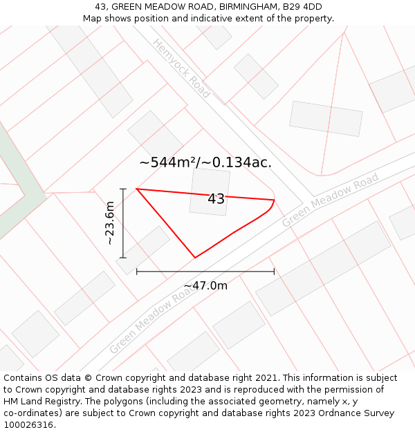 43, GREEN MEADOW ROAD, BIRMINGHAM, B29 4DD: Plot and title map