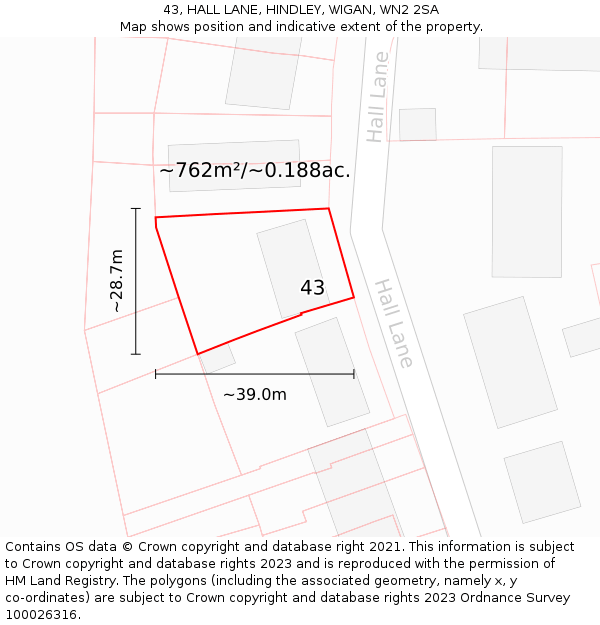 43, HALL LANE, HINDLEY, WIGAN, WN2 2SA: Plot and title map