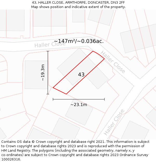 43, HALLER CLOSE, ARMTHORPE, DONCASTER, DN3 2FF: Plot and title map