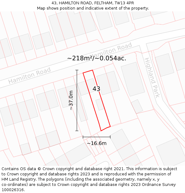 43, HAMILTON ROAD, FELTHAM, TW13 4PR: Plot and title map
