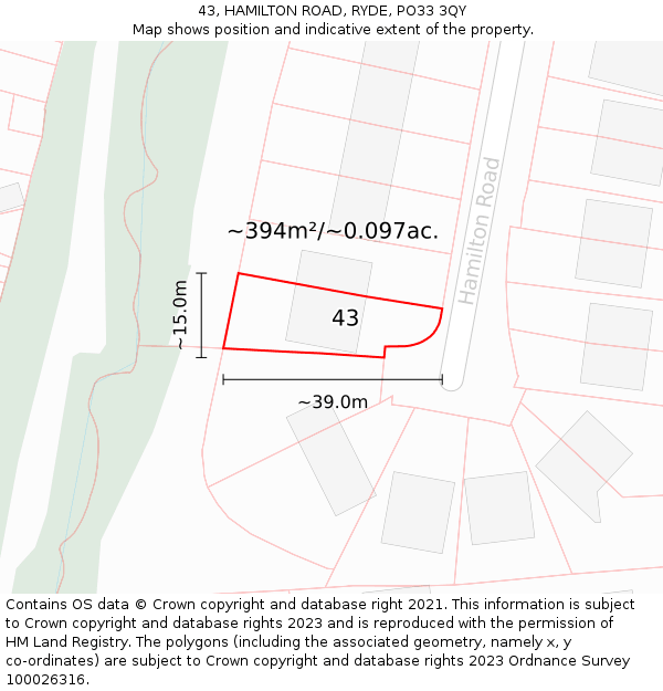 43, HAMILTON ROAD, RYDE, PO33 3QY: Plot and title map