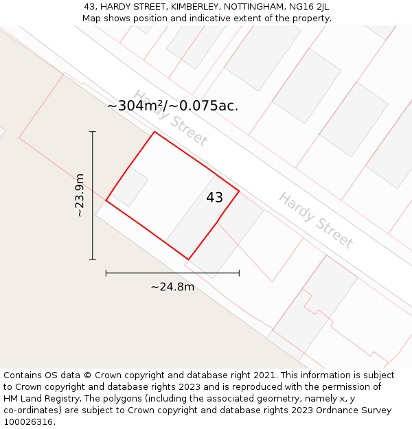 43, HARDY STREET, KIMBERLEY, NOTTINGHAM, NG16 2JL: Plot and title map