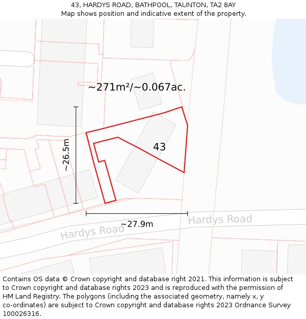 43, HARDYS ROAD, BATHPOOL, TAUNTON, TA2 8AY: Plot and title map