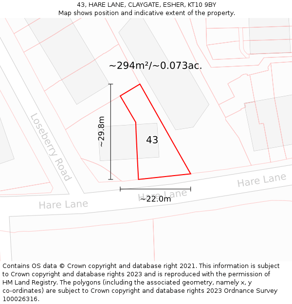43, HARE LANE, CLAYGATE, ESHER, KT10 9BY: Plot and title map