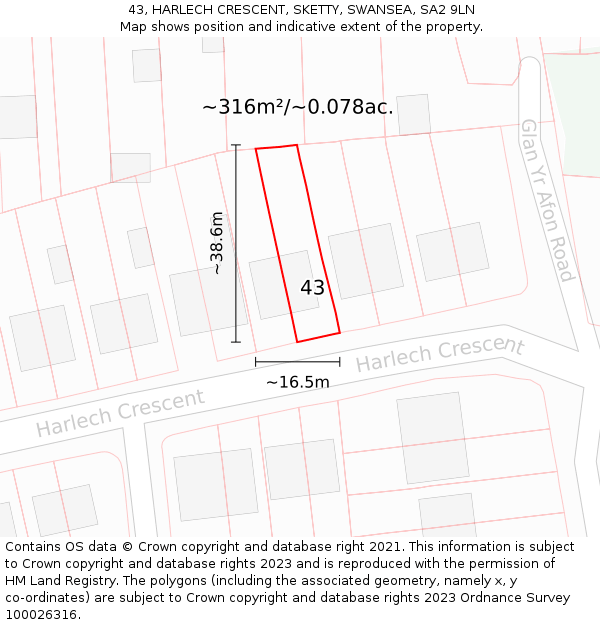 43, HARLECH CRESCENT, SKETTY, SWANSEA, SA2 9LN: Plot and title map