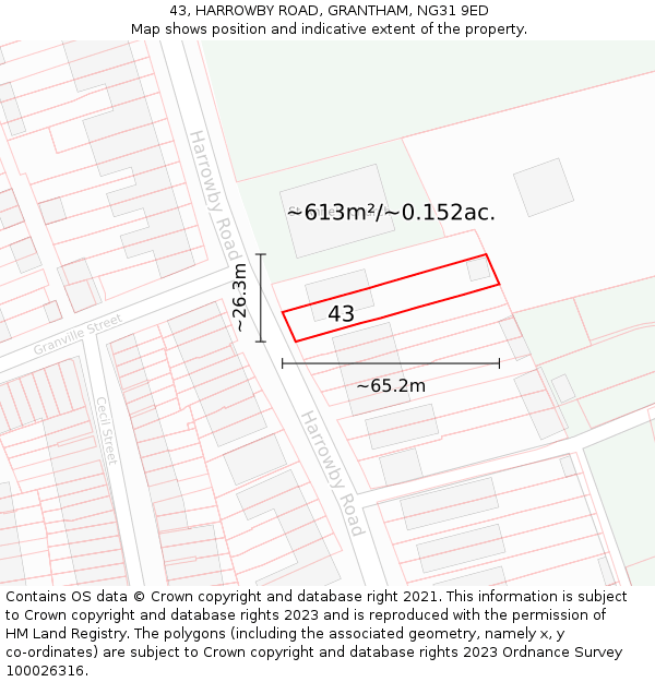 43, HARROWBY ROAD, GRANTHAM, NG31 9ED: Plot and title map