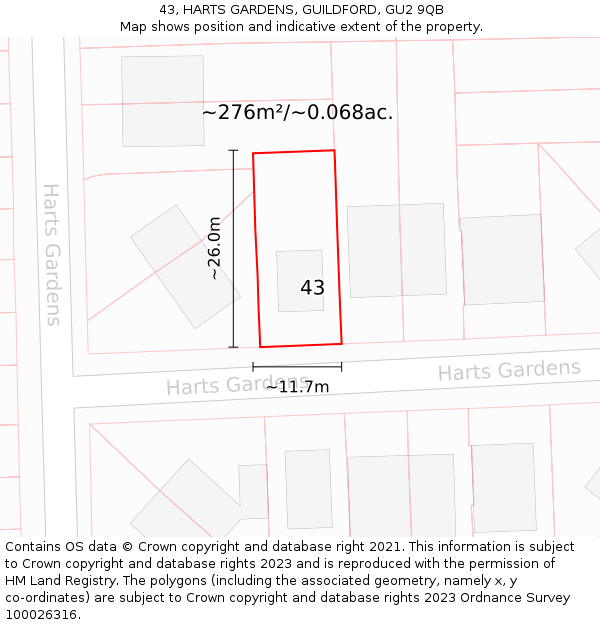 43, HARTS GARDENS, GUILDFORD, GU2 9QB: Plot and title map