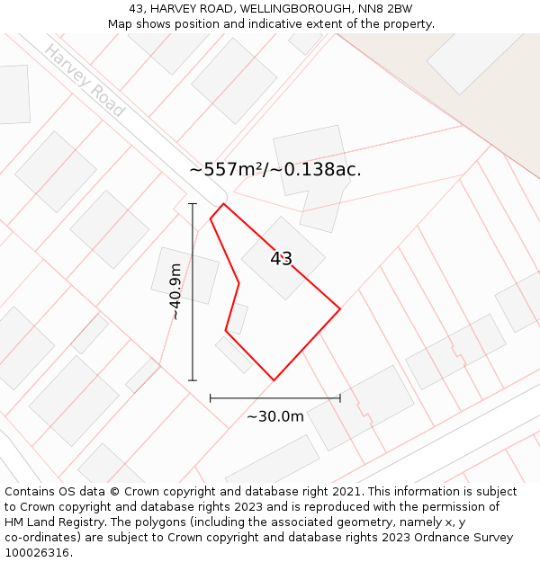 43, HARVEY ROAD, WELLINGBOROUGH, NN8 2BW: Plot and title map