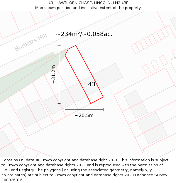 43, HAWTHORN CHASE, LINCOLN, LN2 4RF: Plot and title map