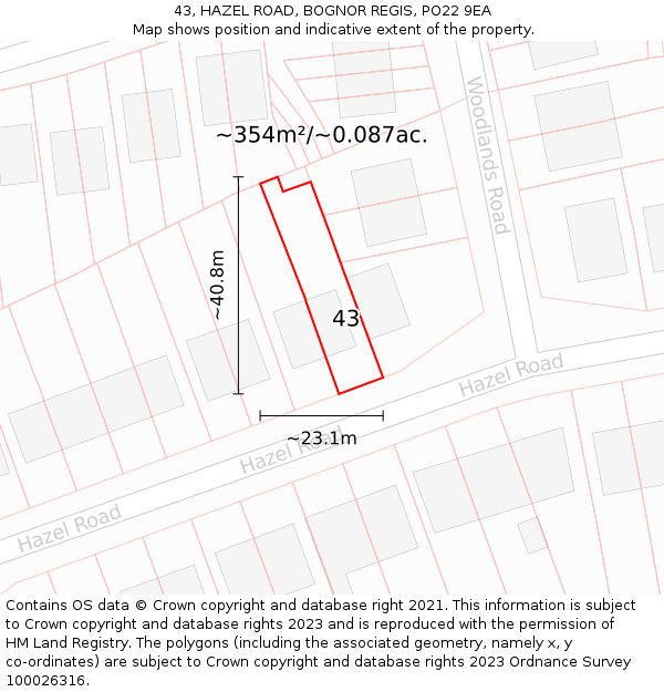 43, HAZEL ROAD, BOGNOR REGIS, PO22 9EA: Plot and title map