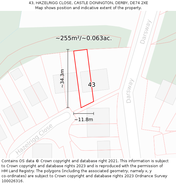 43, HAZELRIGG CLOSE, CASTLE DONINGTON, DERBY, DE74 2XE: Plot and title map