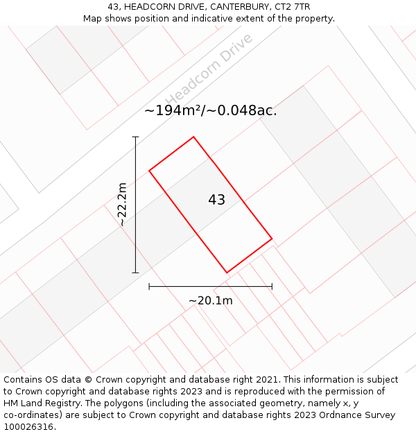 43, HEADCORN DRIVE, CANTERBURY, CT2 7TR: Plot and title map