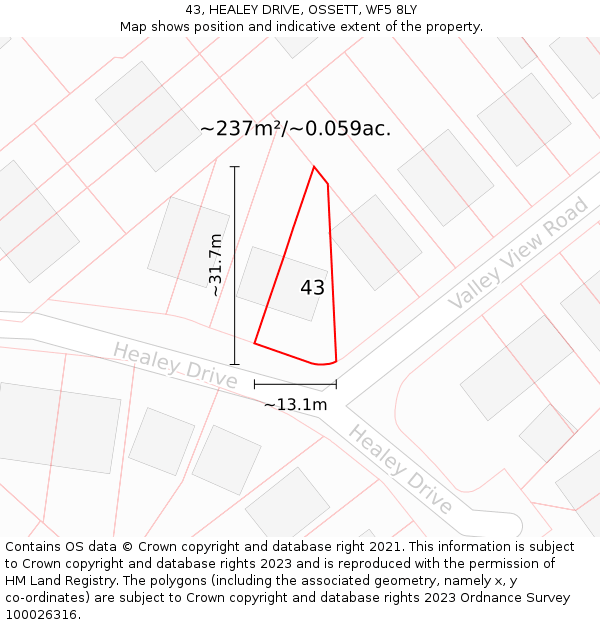 43, HEALEY DRIVE, OSSETT, WF5 8LY: Plot and title map