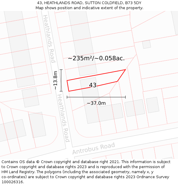 43, HEATHLANDS ROAD, SUTTON COLDFIELD, B73 5DY: Plot and title map