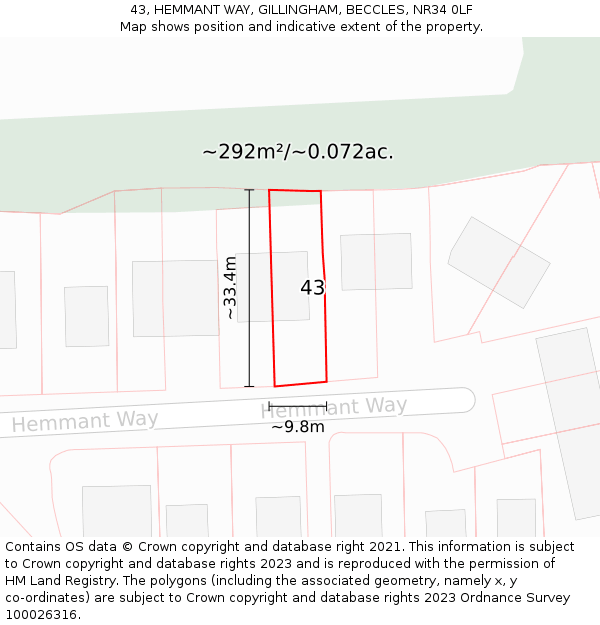 43, HEMMANT WAY, GILLINGHAM, BECCLES, NR34 0LF: Plot and title map