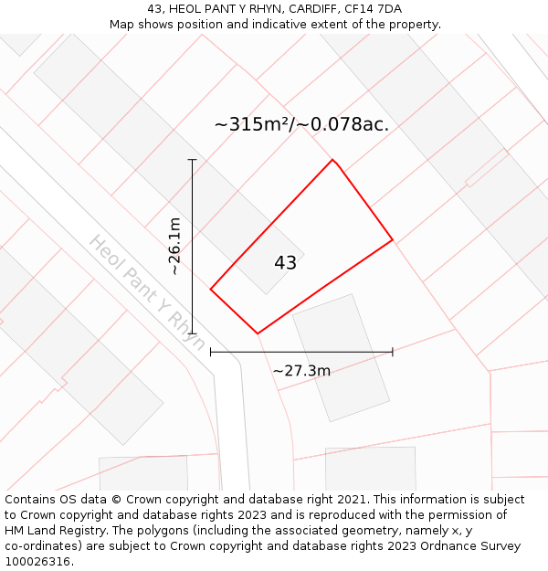 43, HEOL PANT Y RHYN, CARDIFF, CF14 7DA: Plot and title map