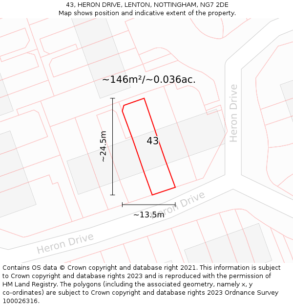 43, HERON DRIVE, LENTON, NOTTINGHAM, NG7 2DE: Plot and title map