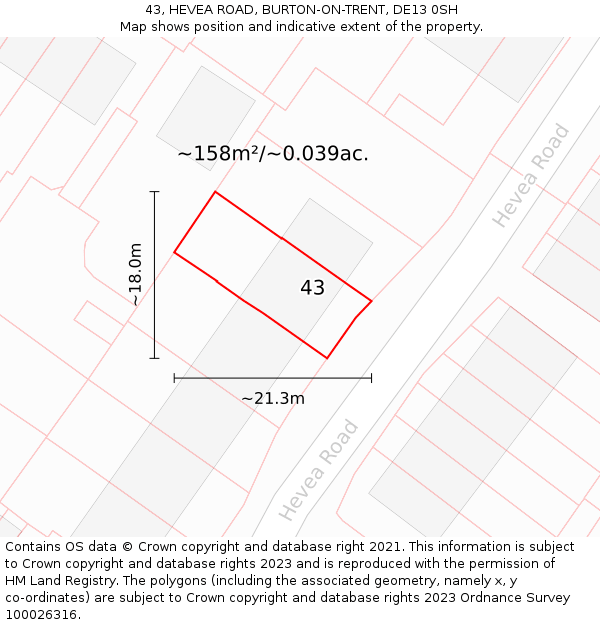 43, HEVEA ROAD, BURTON-ON-TRENT, DE13 0SH: Plot and title map