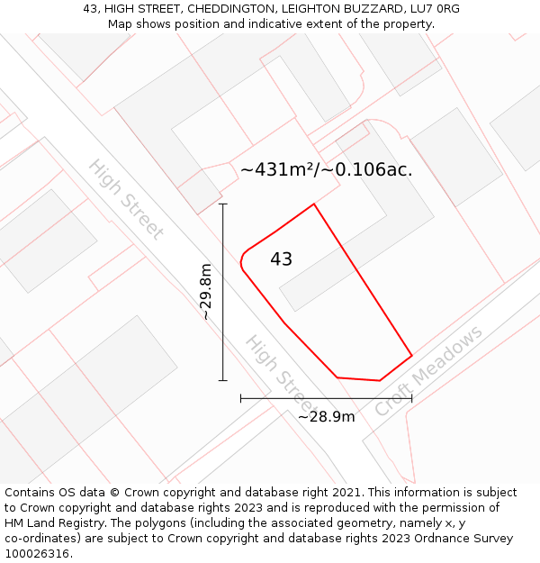 43, HIGH STREET, CHEDDINGTON, LEIGHTON BUZZARD, LU7 0RG: Plot and title map