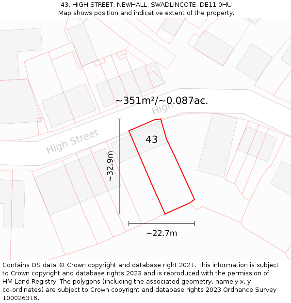 43, HIGH STREET, NEWHALL, SWADLINCOTE, DE11 0HU: Plot and title map