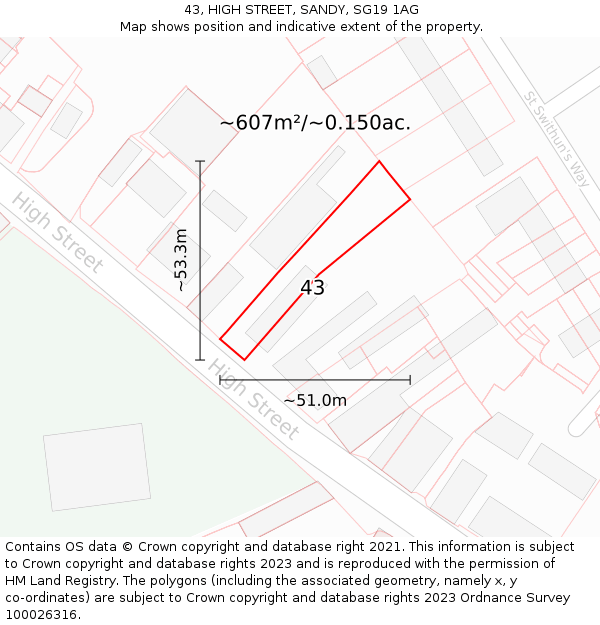 43, HIGH STREET, SANDY, SG19 1AG: Plot and title map