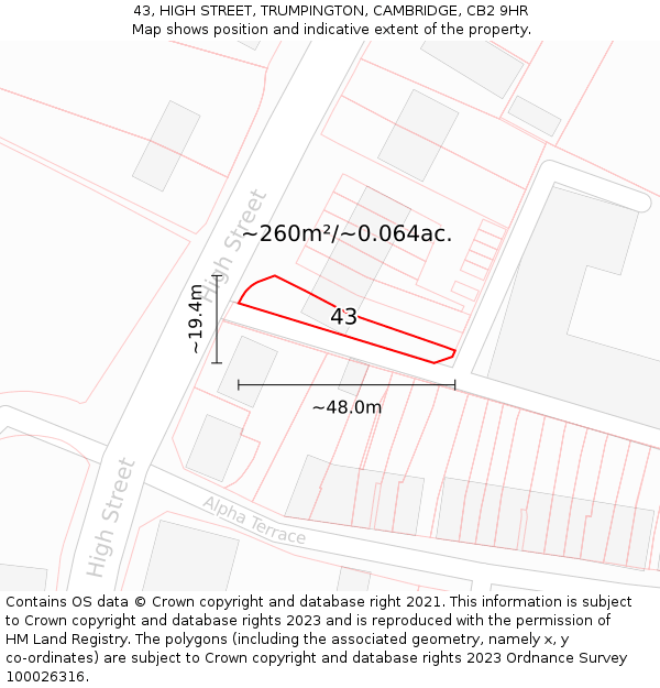 43, HIGH STREET, TRUMPINGTON, CAMBRIDGE, CB2 9HR: Plot and title map