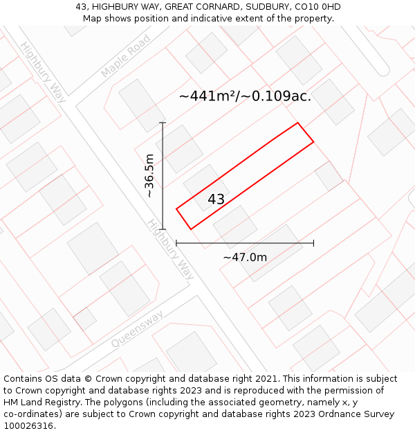 43, HIGHBURY WAY, GREAT CORNARD, SUDBURY, CO10 0HD: Plot and title map