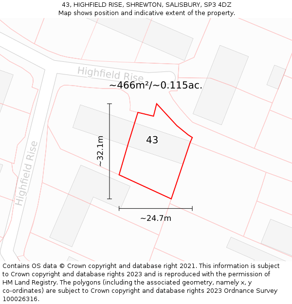 43, HIGHFIELD RISE, SHREWTON, SALISBURY, SP3 4DZ: Plot and title map