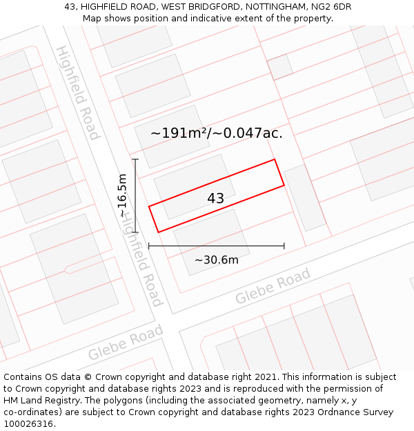 43, HIGHFIELD ROAD, WEST BRIDGFORD, NOTTINGHAM, NG2 6DR: Plot and title map