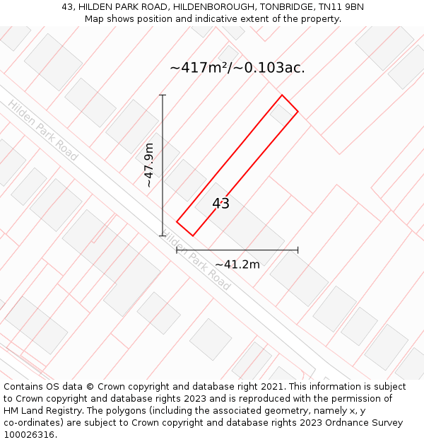 43, HILDEN PARK ROAD, HILDENBOROUGH, TONBRIDGE, TN11 9BN: Plot and title map