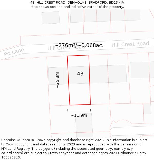 43, HILL CREST ROAD, DENHOLME, BRADFORD, BD13 4JA: Plot and title map