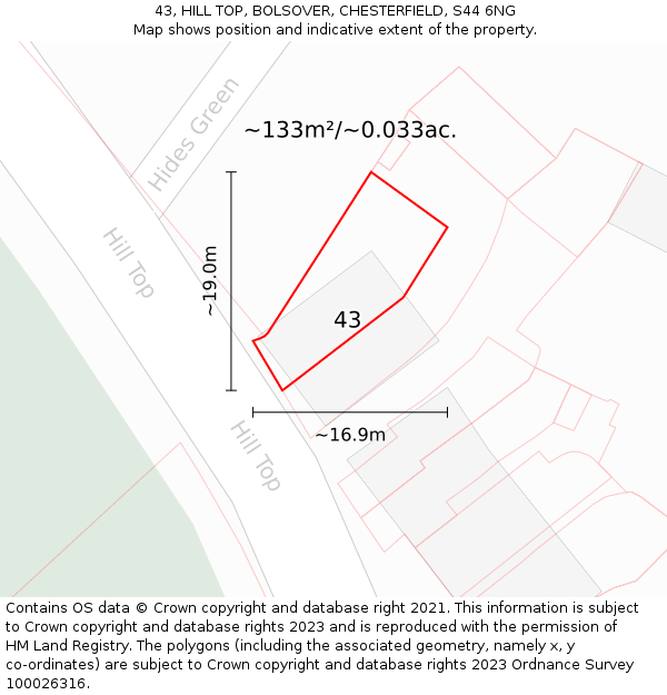 43, HILL TOP, BOLSOVER, CHESTERFIELD, S44 6NG: Plot and title map