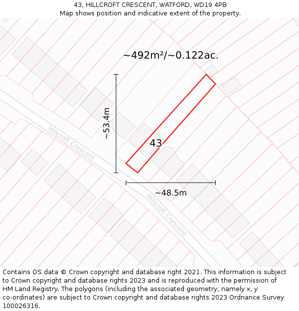 43, HILLCROFT CRESCENT, WATFORD, WD19 4PB: Plot and title map