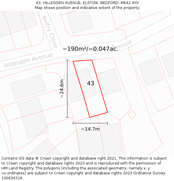 43, HILLESDEN AVENUE, ELSTOW, BEDFORD, MK42 9YX: Plot and title map