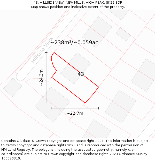 43, HILLSIDE VIEW, NEW MILLS, HIGH PEAK, SK22 3DF: Plot and title map
