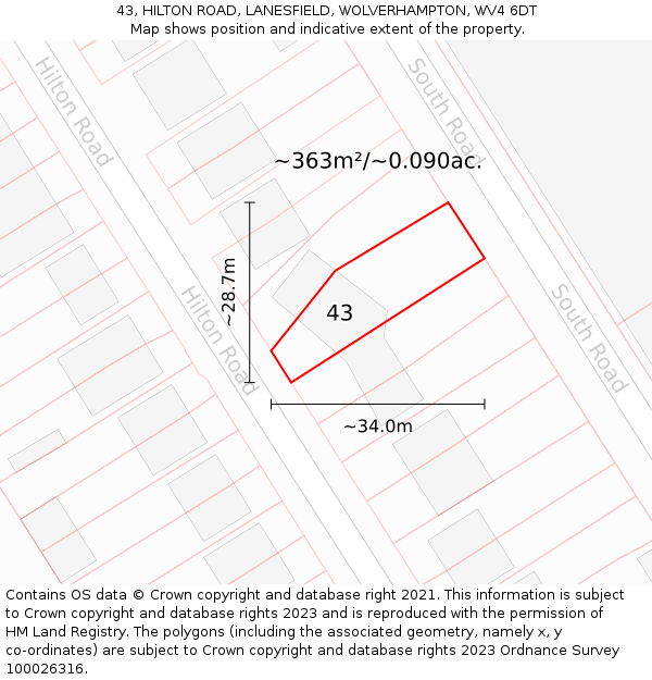 43, HILTON ROAD, LANESFIELD, WOLVERHAMPTON, WV4 6DT: Plot and title map