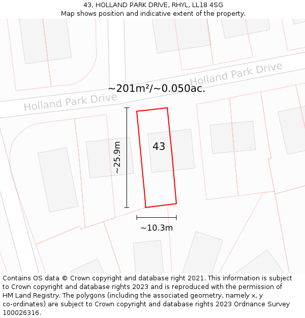 43, HOLLAND PARK DRIVE, RHYL, LL18 4SG: Plot and title map