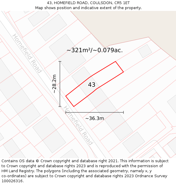 43, HOMEFIELD ROAD, COULSDON, CR5 1ET: Plot and title map