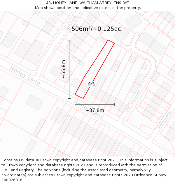 43, HONEY LANE, WALTHAM ABBEY, EN9 3AT: Plot and title map