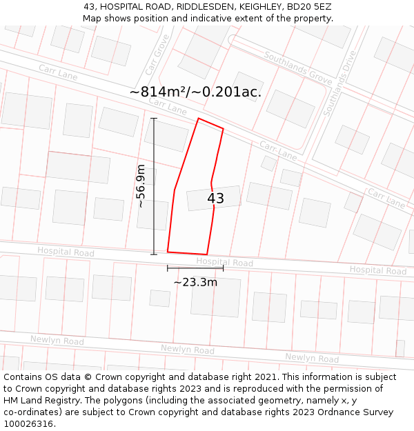 43, HOSPITAL ROAD, RIDDLESDEN, KEIGHLEY, BD20 5EZ: Plot and title map