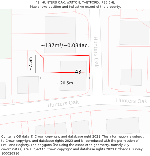 43, HUNTERS OAK, WATTON, THETFORD, IP25 6HL: Plot and title map