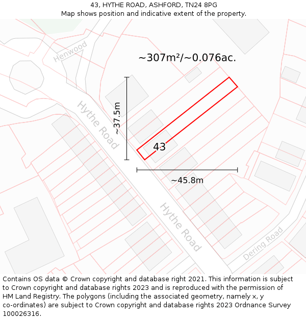 43, HYTHE ROAD, ASHFORD, TN24 8PG: Plot and title map