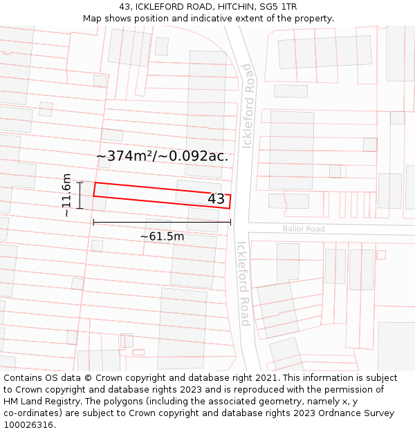 43, ICKLEFORD ROAD, HITCHIN, SG5 1TR: Plot and title map