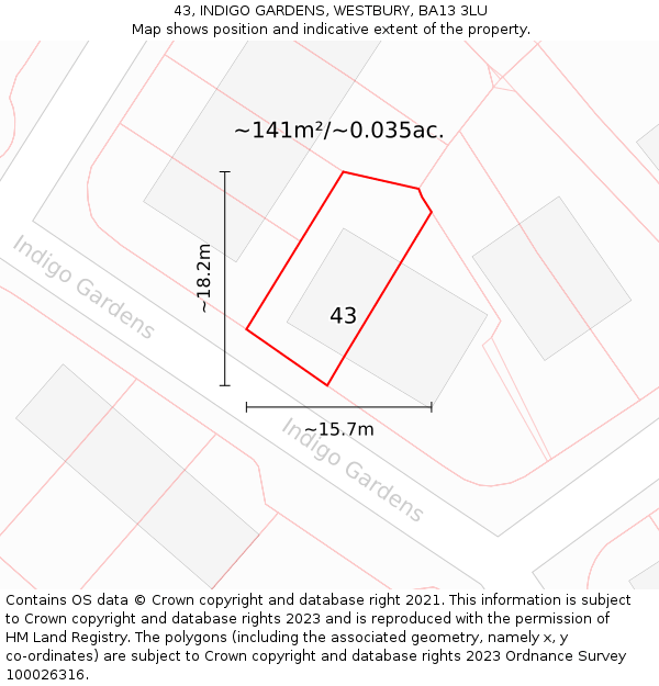 43, INDIGO GARDENS, WESTBURY, BA13 3LU: Plot and title map